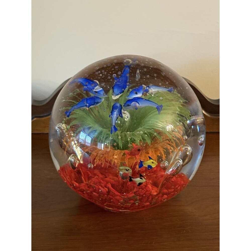 Murano Italian Large Round Glass Tropical Fish Aquarium Paperweight 7" Diameter